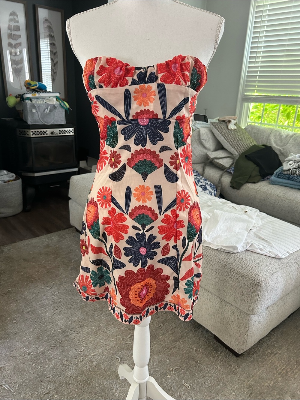 Strapless Floral Embroidered Mini Dress